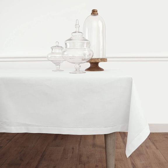 Solino Home White Tablecloth 58 x 126 Inch - Cotton Linen Hemstitch Rectangular Tablecloth - Machine Washable Table Cloth for Winter, Mothers Day, Spring, Easter