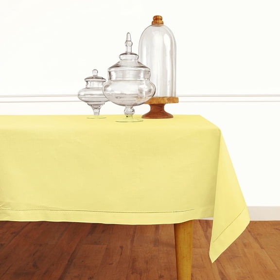 Solino Home Yellow Cotton Linen Tablecloth 58 x 120 Inch - Hemstitch Table Cloth for Rectangle Tables - Machine Washable Tablecloth for Spring, Easter, Mothers Day