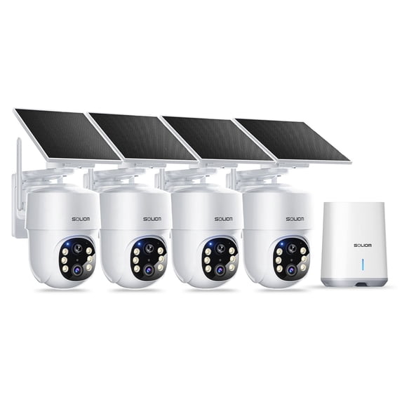 Soliom 5MP Wireless Outdoor Solar Camera (4-Cam Pack), No Subscription, 360° Auto Tracking, Pan & Tilt, 3K Color Night Vision, Compatible with 2.4G/5G Routers.