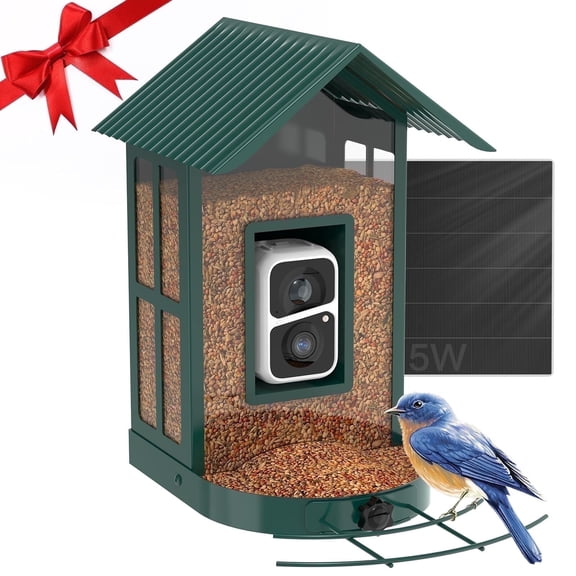 SOLIOM BF08 AI Identify Species Metal Bird Feeder Camera with 5W Solar Panel, Green