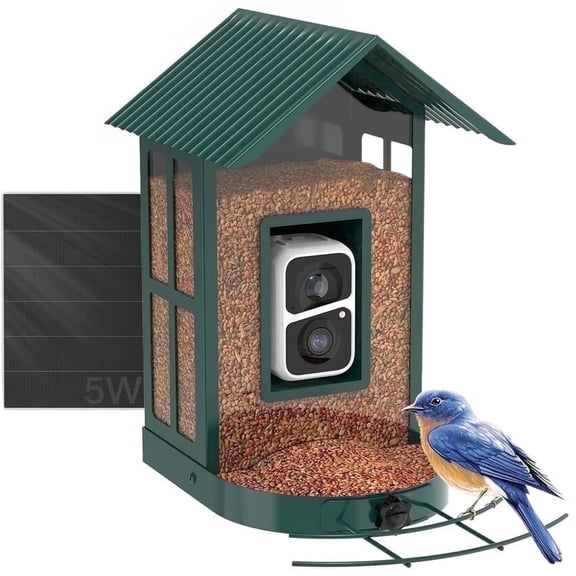 Soliom Metal Bird Feeder Camera, 2.7L Seed Capacity, AI Species Identification, 2K Live View, Instant Alerts, 5W Solar Panel, Squirrel-Proof, Green