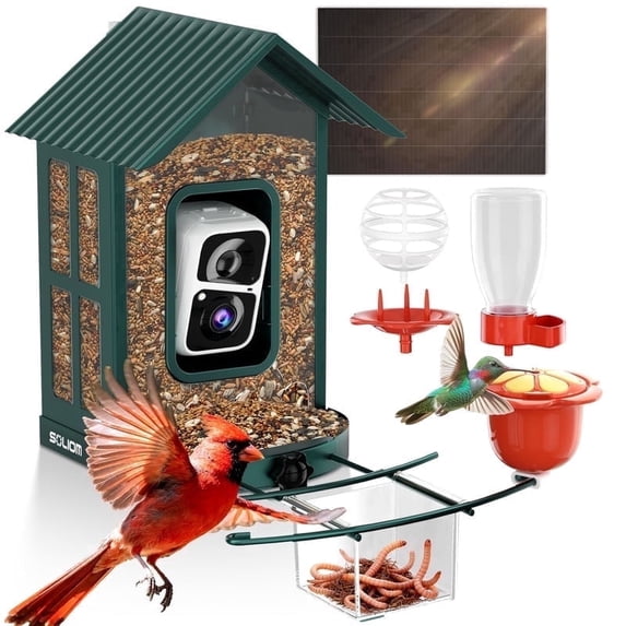 Soliom Bird Feeder with Camera, AI Species Identification, 2K Live View, Instant Alerts, 5W Solar Panel, Squirrel-Proof Metal Outdoor Bird Feeder, Bird Watching Gift Set