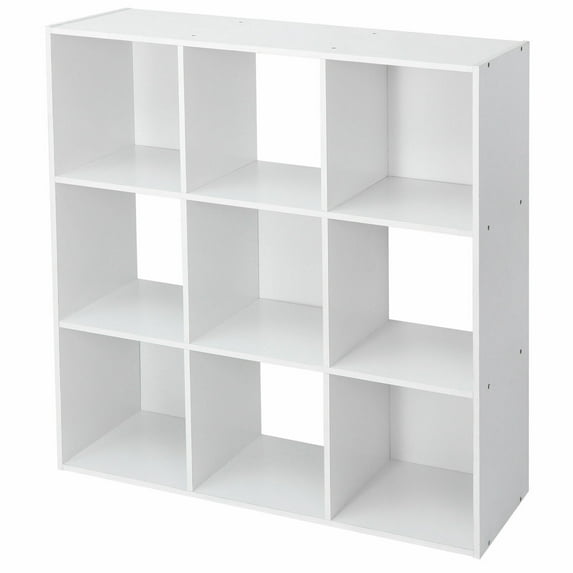 Solirest Bookshelf with Storage Bins, 9-Cube Storage Organizer Sturdy Wooden Bookcase Open Book Shelf, Multifunctional Cubicle Rack for Storage & Display,White