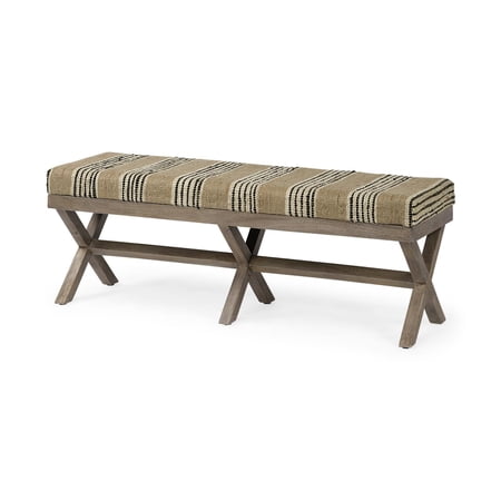 Solis 50L x 16W Brown Base Upholstered Beige/Black Stripe Seat Accent Bench