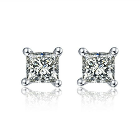 Solitaire 0.50 Carat Princess Cut Real Diamond Stud Earrings in 10k White Gold
