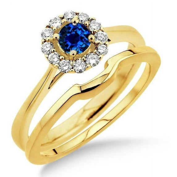 Solitaire 1.25 Carat Round Shape Blue Sapphire And Moissanite Diamond Engagement Ring Bridal Set Halo on 10k Yellow Gold