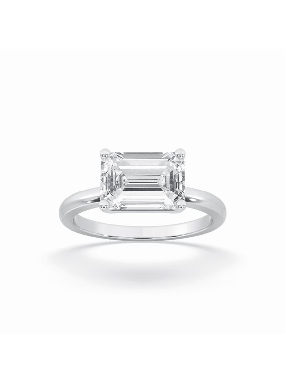 Solitaire 1.5 CT Emerald Cut Moissanite Engagement Ring for Women 14K White Gold Plated on Silver