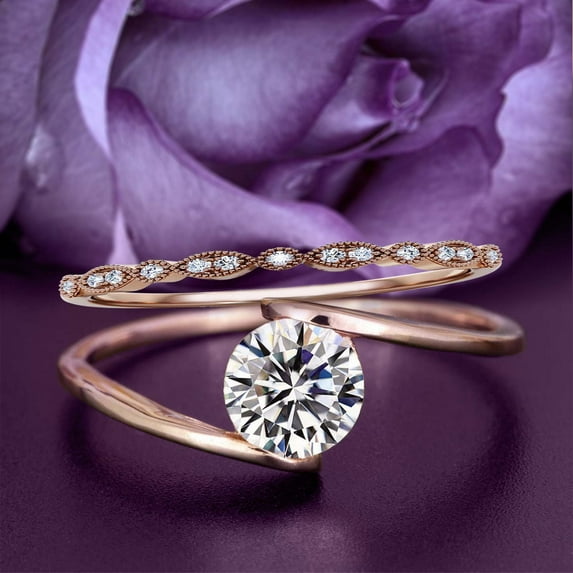 Solitaire 1.50 Carat Round Cut Diamond Moissanite Unique Engagement Ring, Classic Wedding Ring, One Matching Band In 10K Solid Rose Gold Band, Gift For Her, Promise Ring, Anniversary Ring, Bridal Set