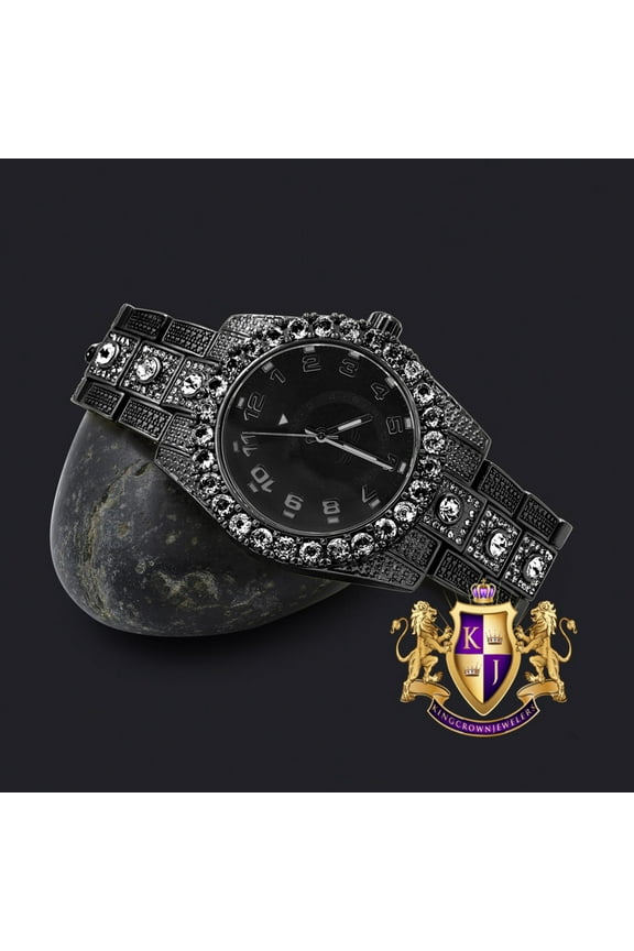 Solitaire 14K Black Gold Tone Simulated Diamond Water Resistance Steel Back Metal Band Watch 40mm