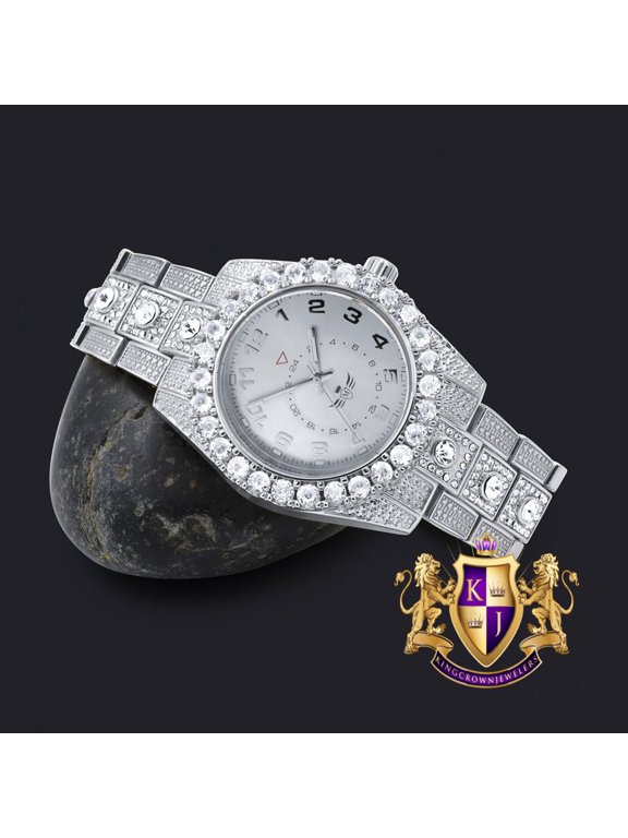 Solitaire 14K White Gold Tone Simulated Diamond Water Resistance Steel Back Metal Band Watch 40mm