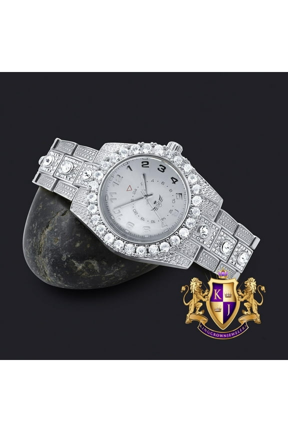 Solitaire 14K White Gold Tone Simulated Diamond Water Resistance Steel Back Metal Band Watch 40mm