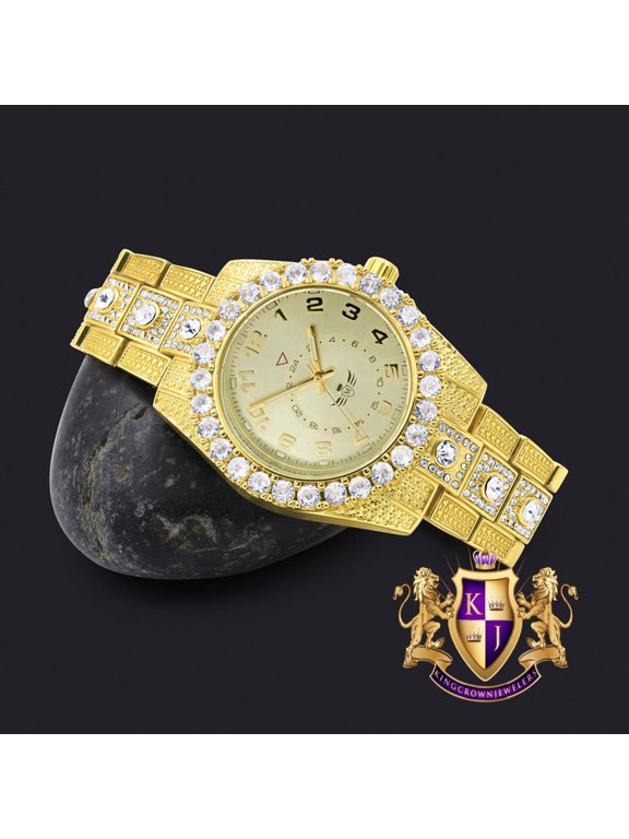 Solitaire 14K Yellow Gold Tone Simulated Diamond Water Resistance Steel Back Metal Band Watch 40mm