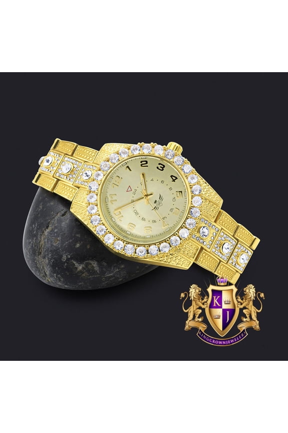 Solitaire 14K Yellow Gold Tone Simulated Diamond Water Resistance Steel Back Metal Band Watch 40mm