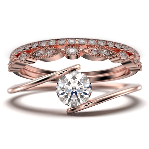 Solitaire 2 Carat Round Cut Moissanite & Diamond Bridal Set in 10k Rose Gold