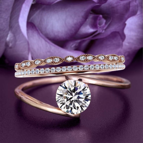 Solitaire 2 Carat Round Cut Diamond Moissanite Unique Engagement Ring, Classic Wedding Ring, Two Matching Band in 10k Solid Rose Gold Band, Gift For Her, Promise Ring, Anniversary Ring, Trio Ring Set