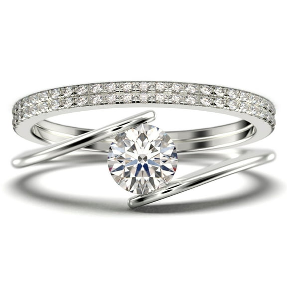 Solitaire 2 Carat Round Cut Diamond Moissanite Unique Engagement Ring, Two Matching Band Wedding Ring in 925 Sterling Silver With 18k White Gold Plating Band, Gift For Her, Promise, Anniversary Ring