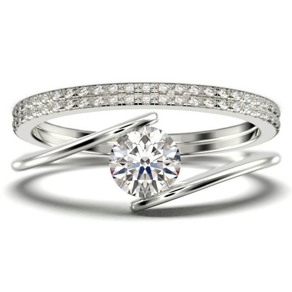 Solitaire 2 Carat Round Cut Diamond Moissanite Unique Engagement Ring, Two Matching Band Wedding Ring in 925 Sterling Silver With 18k White Gold Plating Band, Gift For Her, Promise, Anniversary Ring