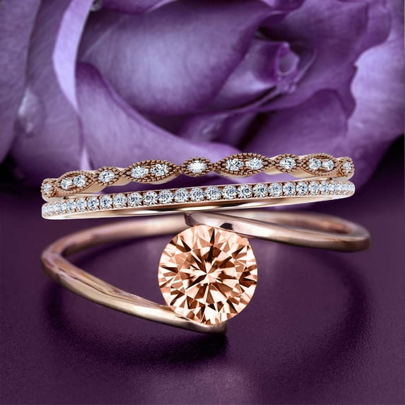 Solitaire 2 Carat Round Cut Morganite Unique Engagement Ring, Classic Wedding Ring, Two Matching Band in 10k Solid Rose Gold Band, Gift For Her, Promise Ring, Anniversary Ring, Trio Ring Set