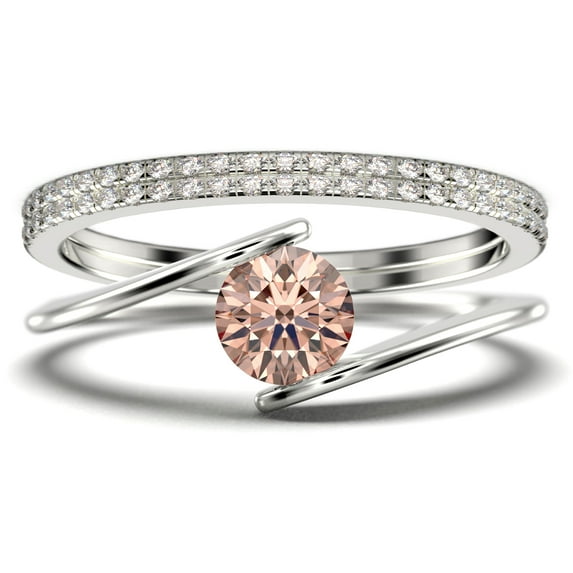 Solitaire 2 Carat Round Cut Morganite Unique Engagement Ring, Two Matching Band Wedding Ring in 925 Sterling Silver With 18k White Gold Plating Band, Gift For Her, Promise, Anniversary Ring