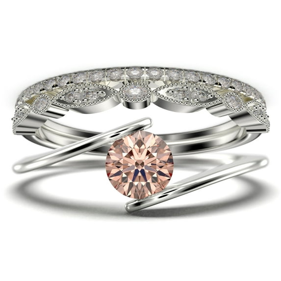 Solitaire 2 Carat Round Cut Morganite Unique Engagement Ring, Two Matching Band Wedding Ring in 925 Sterling Silver With 18k White Gold Plating Band, Gift For Her, Promise, Anniversary Ring