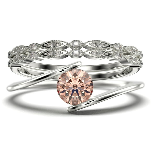 Solitaire 2 Carat Round Cut Morganite Unique Engagement Ring, Two Matching Band Wedding Ring in 925 Sterling Silver With 18k White Gold Plating Band, Gift For Her, Promise, Anniversary Ring