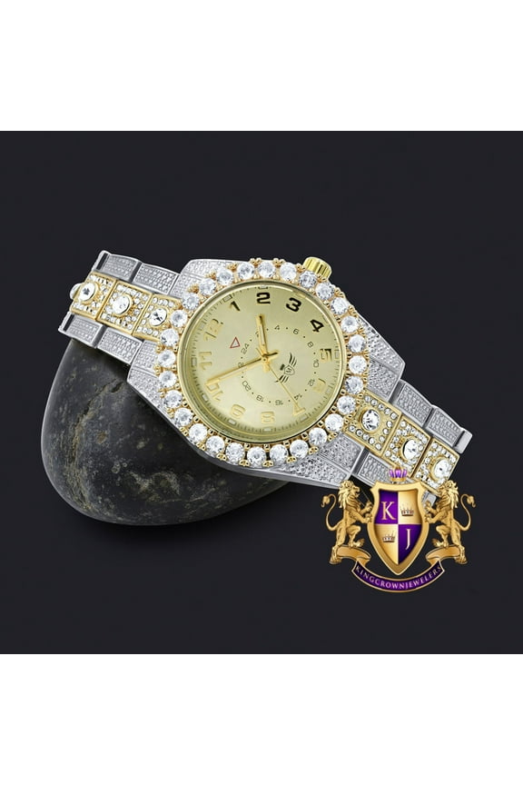 Solitaire 2 Tone Gold Finish Simulated Diamond Water Resistance Steel Back Metal Band Watch 40mm