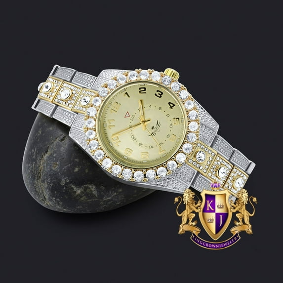 Solitaire 2 Tone Gold Finish Simulated Diamond Water Resistance Steel Back Metal Band Watch 40mm