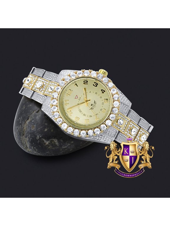 Solitaire 2 Tone Gold Finish Simulated Diamond Water Resistance Steel Back Metal Band Watch 40mm