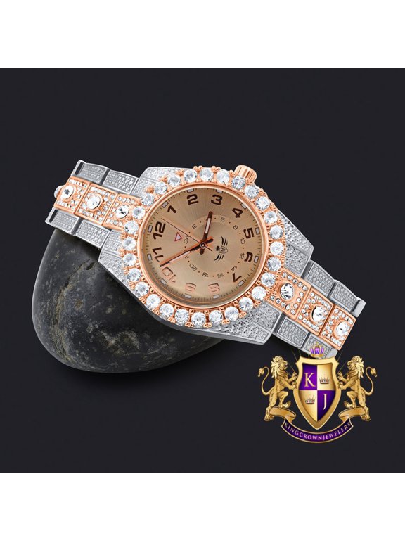 Solitaire 2 Tone Rose Gold Finish Simulated Diamond Water Resistance Steel Back Metal Band Watch 40mm