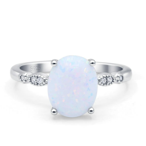 Solitaire Accent Oval Engagement Women Ring Lab Created White Opal 925 Sterling Silver