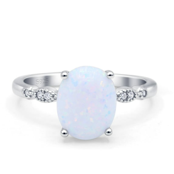 Solitaire Accent Oval Engagement Women Ring Lab Created White Opal 925 Sterling Silver