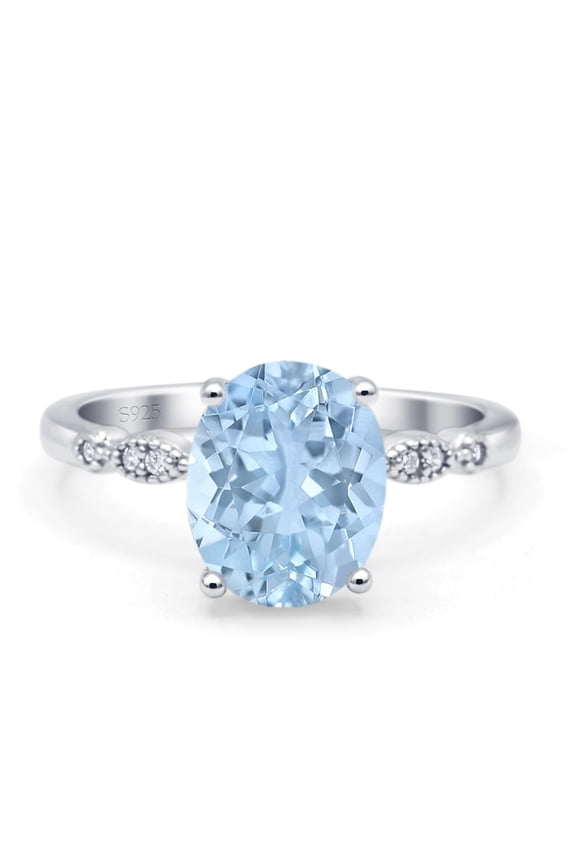 Solitaire Accent Oval Women Engagement Ring Simulated Aquamarine 925 Sterling Silver