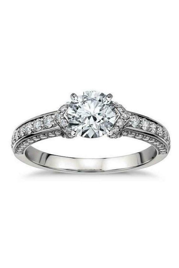 Solitaire With Accents Engagement Rin, Pave Set V Shank Ring For Her Birthday Giftg, 2.2 Ct Simulated Diamond, 14K White Gold Plated Wedding Rint, Round Cut Women's Daily Wear Anniversary Ring