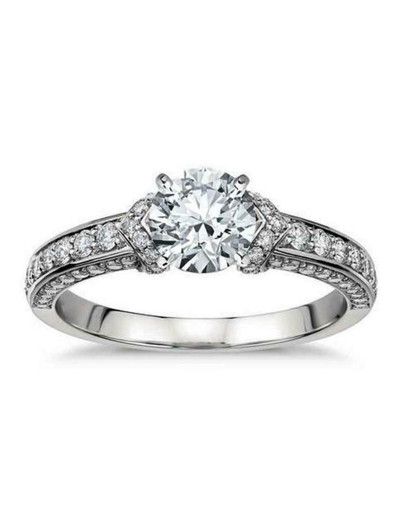 Solitaire With Accents Engagement Rin, Pave Set V Shank Ring For Her Birthday Giftg, 2.2 Ct Simulated Diamond, 14K White Gold Plated Wedding Rint, Round Cut Women's Daily Wear Anniversary Ring