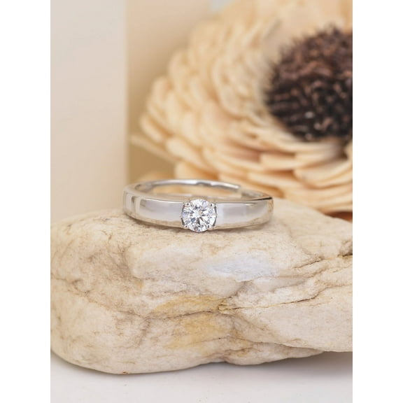 Solitaire Adjustable Silver Ring, Moissanite Engagement Ring, April Birthstone Ring for Women