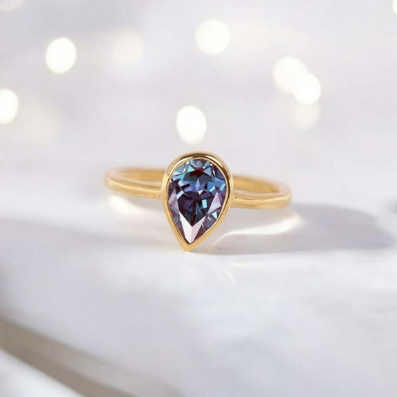 Solitaire Alexandrite Ring Simple Pear Alexandrite Engagement Ring Rose Gold Wedding Ring For Women Solid Gold Dainty Bezel Set June Birthstone Ring New Year Gift