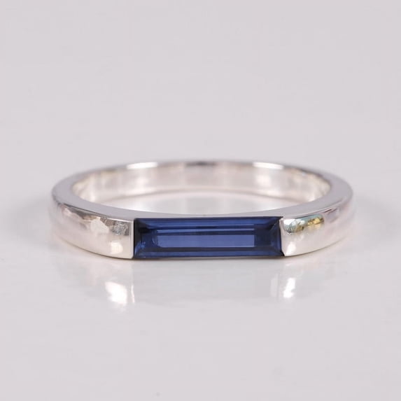Solitaire Baguette Blue Sapphire Engagement Ring, 925 Starling Silver, Dainty Single Blue Sapphire Minimalist Band Ring, Thin Dainty Bezal Set September Sapphire Birthstone Months Gemstone Ring