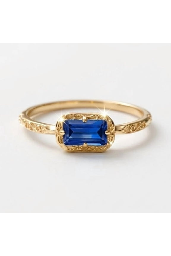 Solitaire Baguette Cut Blue Sapphire Engagement Ring, Filigree Detailing Band Ring Stackable Promise Ring, September Birthstone Ring, Handmade Jewelry