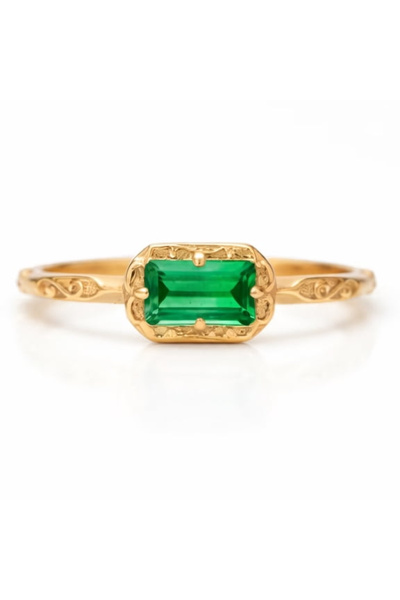 Solitaire Baguette Cut Emerald Engagement Ring, Filigree Detailing Band Ring Stackable Promise Ring, May Birthstone Ring, Nature Inspired Ring, Handmade Jewelry