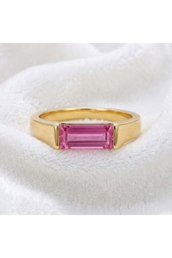 Solitaire Baguette Cut Pink Sapphire Engagement Ring In 925 Sterling Silver Minimalist Gold-Plated Stacking Ring for Daily Wear, September Birthstone Ring, Dainty Statement Ring