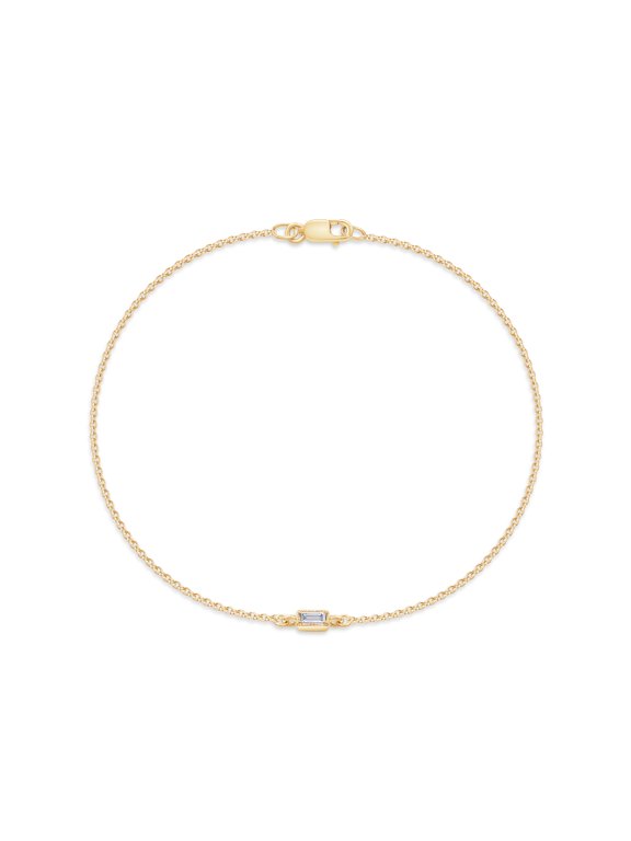 Solitaire Bracelet for Women | 0.05 Carat Baguette Shape Lab Created Moissanite Cable Link Chain Bracelets | 14K Yellow Gold Over Sterling Silver Stacking Dainty Bracelets for Brides- 6.5 Inch