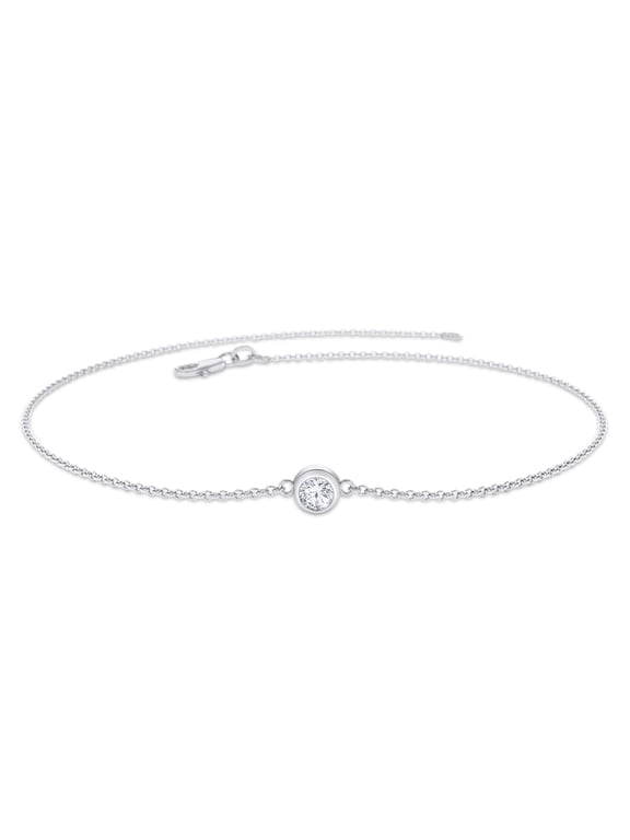 Solitaire Bracelet for Women | 3MM Round Shape Lab Grown Diamond Bezel Set Bridesmaid Bracelets | Curb Cable Link Chain Bracelets In 14K White Gold Over Sterling Silver (0.10Ctw)- 7.5IN