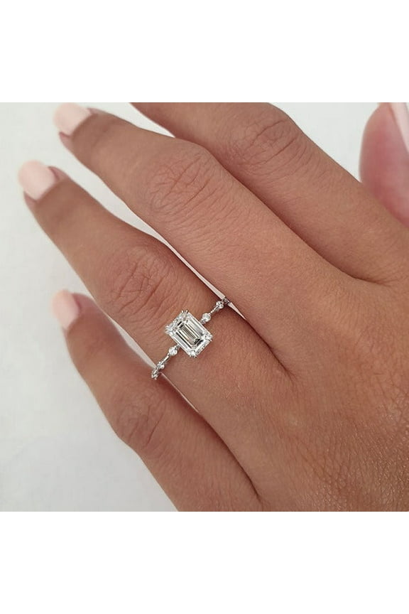 1.00CT Emerald Cut Moissanite Solitaire Distance Pave Engagement Ring, Double Prong Annivarsary Ring, 10k White Gold, Ring Size 11