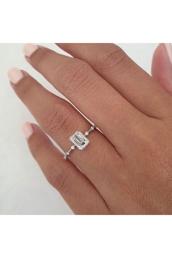 1.00CT Emerald Cut Moissanite Solitaire Distance Pave Engagement Ring, Double Prong Annivarsary Ring, 10k White Gold, Ring Size 7
