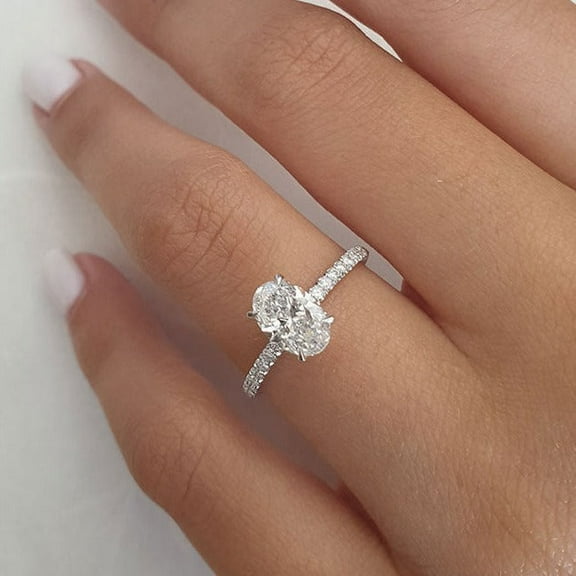 Solitaire Brilliance 1.00CT Oval Cut Solitaire Hidden Halo Style Moissanite Engagement Ring, DE/VVS Clarity, 10k White Gold, Ring Size 8