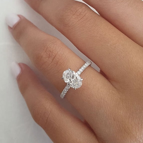 Solitaire Brilliance 1.00CT Oval Cut Solitaire Hidden Halo Style Moissanite Engagement Ring, DE/VVS Clarity, 18kWhite Gold, Ring Size 4.5