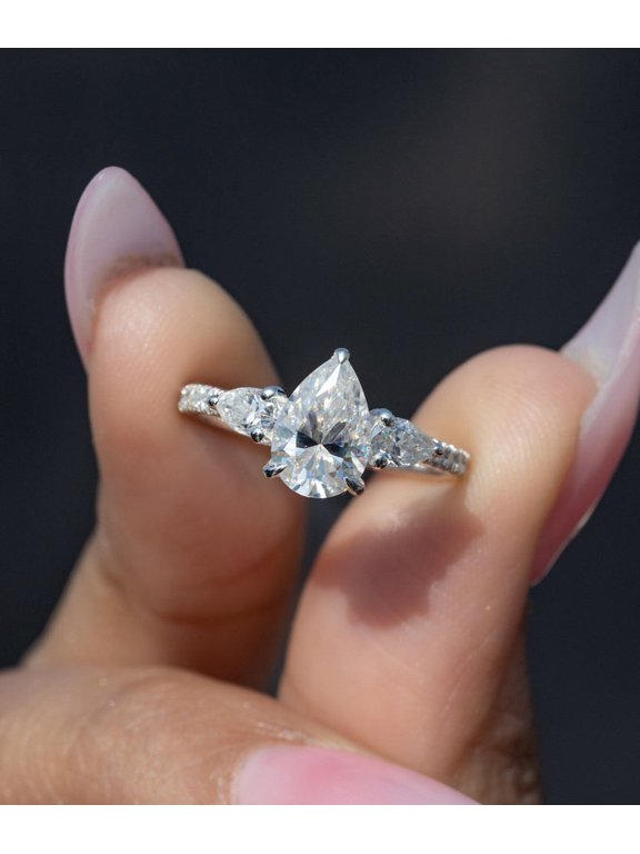 1.20CT Pear Moissanite Three Stone Pave Engagement Ring for Women 10k White Gold Size 9.5