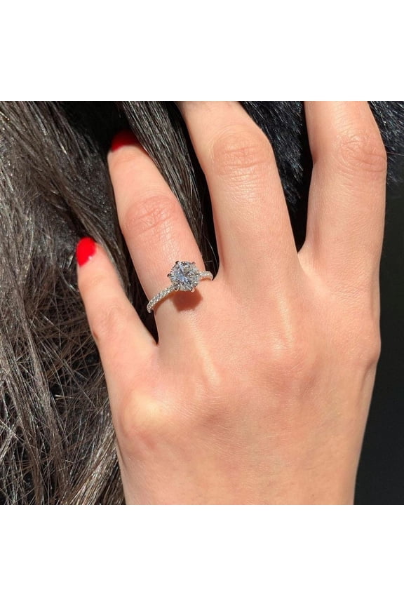 1.50CT Round Cut Six Prong Solitaire Pave Accent Moissanite Engagement Ring, Gift for Women, 18kWhite Gold, Ring Size 4