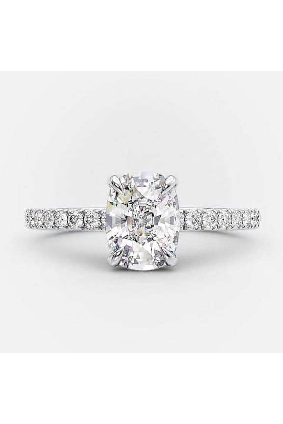 1.75Ct Elongated Cushion Solitaire Pave Engagement Ring for Women 10k White Gold Ring Size 9