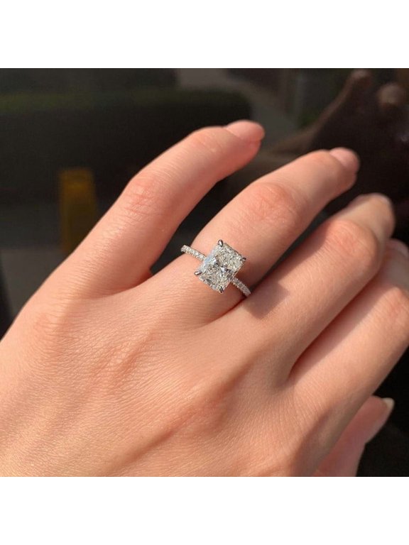 1.85CT Radiant Cut Hidden Halo Moissanite Solitaire Engagement Ring, DE-VVS Clarity, 10k White Gold, Ring Size 4